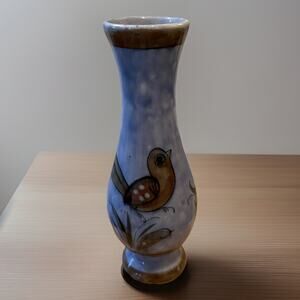 Vintage Vase Mexican Stoneware Pottery Tonala Blue Hand Painted Signed Bird EUC